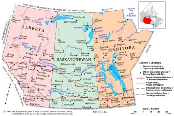 Political map of the Prarie Provinces Alberta, Saskatchcewan and Manitoba. (c) 2000 Natural Resources Canada