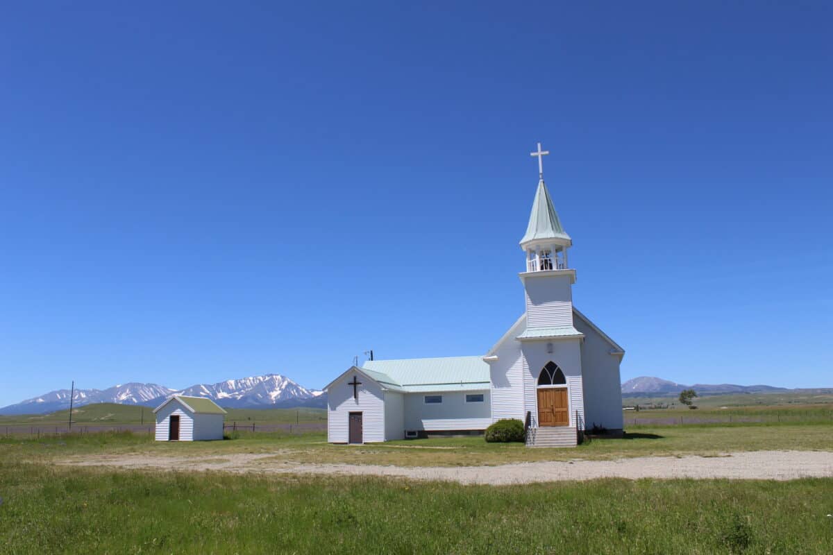 The Norwegian Lutheran Church in Melville, Montana, against a backdrop of The Crazy Mountains. 2018 (c) Inger Kari Nerheim
