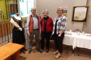 Visit by the author to Mountain View Museum and Archives at Olds, Alberta, at a traditional Norwegian gathering with cookies and coffee. Gunnar Nerheim, Olga Terning and Karen Morrison.