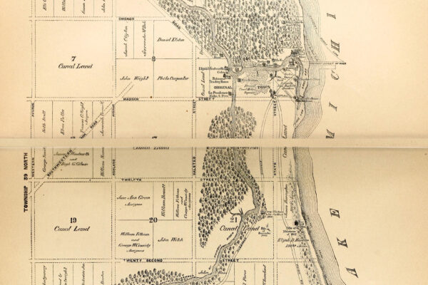 A map of Chicago from 1830, showing streets and buildings.