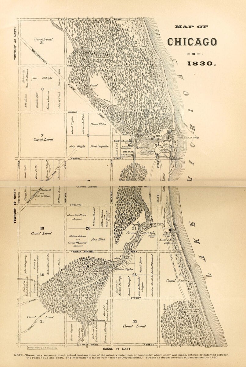 A map of Chicago from 1830, showing streets and buildings.