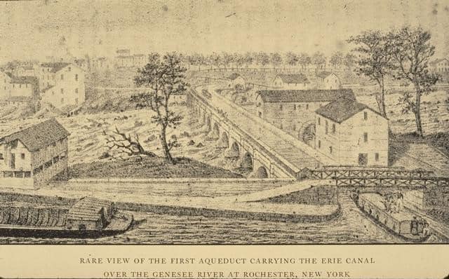 The roaring Genesee River powering several mills and the calm Eire Canal run side-by-side at Rochester, before the canal makes a left turn to cross the river on the aqueduct.