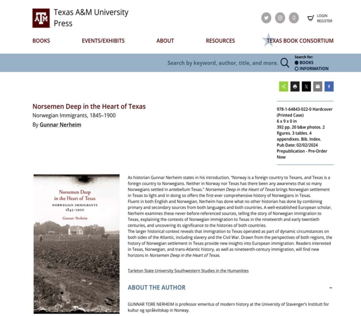 From Texas A&M University Press catalogue 2024 on Gunnar Nerheim, Norsemen deep in the Heart of Texas.